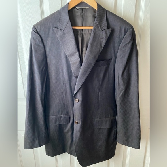 CANALI Made in Italy Brown/Blue/White Pinstripe 100% Wool 2-Button Blazer SZ 44L